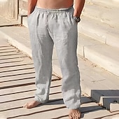 cheap Holiday-Men&#039;s Linen Pants Trousers Summer Pants Beach Pants Pocket Drawstring Elastic Waist Plain Comfort Breathable Vacation Daily Holiday Hawaiian Boho Black Navy Blue