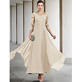 billiga Golvlängd-A-linjeformad klänning för brudens mor bröllopsgäst elegant plus size juvelhals ankellängd chiffong spets 3/4 längd ärm med ruched paljetter applikationer gratis anpassad storlek