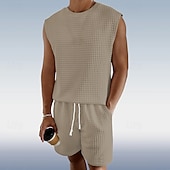 olcso Férfi Basic Tees szettek-Férfi Gofri ing Atléta Póló öltönyök Teniszing Rövid ujjú Henley Nyár Tömör szín Testedző Alkalmi 2 db Vakáció Szabadság Hétköznapi viselet Fekete Fehér Szürke Férfi felső póló