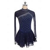 billige Figur skating kjoler-Kjole til kunstløp Dame Jente Skøyteløp Kjoler Mørk Marineblå Lapper Tommelhull Netting Spandex Elastisk Trening Profesjonell Konkurranse Skøyteklær Hold Varm Krystall / Rhinstein Langermet Skøyting