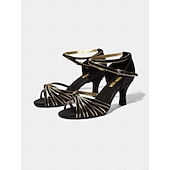 cheap Latin Shoes-Gold Strappy Latin Dance Sandals for Women – High Heel Ballroom Salsa Shoes with Ankle Straps
