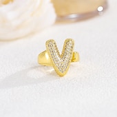cheap Gifts-Personalized Letter Ring, Gift for Mom, 18K Gold Plated Adjustable Ring, Copper with Zircon, Open Band Initial Ring, Elegant and Stylish Jewelry for Women