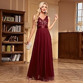 preiswerte Abendkleider-A-Linie Abendkleid Elegant Kleid Abendgesellschaft Abschlussball Bodenlang Ärmellos V Ausschnitt Gürtel / Schärpe Tüll V-Ausschnitt mit Glitzer Stickerei 2025
