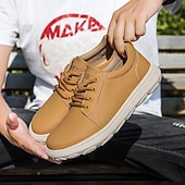 abordables Baskets-Baskets décontractées en cuir beige pour homme avec design à lacets - parfaites pour le confort au quotidien et les activités de loisirs
