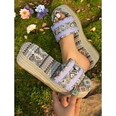 cheap Vacation Sandals-Women&#039;s Bohemian Woven Platform Sandals – Ethnic Print Slip-On Espadrille Wedge Slides for Summer, Beach &amp; Casual Wear