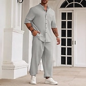 preiswerte Herren Basic Hemden Sets-Herren Zweiteilig Hemd Set Sommer-Set Passende Sets Freizeithemd Einfach Urlaub Täglich Schwarz Beige Grau Kurzarm Kragen Sommer Bekleidung