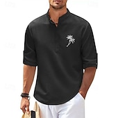 preiswerte Freizeithemden für Herren-Herren Minimalistisches Aloha-Shirt Popover-Hemd Sommerhemd Freizeithemd Strandhemd Waffelstrickhemd Schwarz Weiß Blau Himmelblau Dunkelgray Langarm Kokospalme Klassisch Stehkragen Henley Urlaub