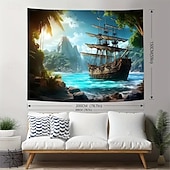 voordelige Ocean Beach Wandtapijt-Landschap Ocean Piratenboot Hangend Wandtapijt Muurkunst Groot Wandtapijt Muurdecor Fotografie Achtergrond Deken Gordijn Thuis Slaapkamer Woonkamer Decoratie