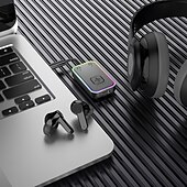 levne Bluetooth pomůcky-přenosný bluetooth vysílač lze spárovat se dvěma zařízeními současně. bluetooth 5.3 má dlouhou výdrž baterie a rgb cool osvětlení