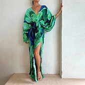halpa Tyylikkäät kukkaiset mekot-Naisten Pitkä mekko Maxi mekko Coctail-asu Ruched mekko Muoti Juhla Teekutsut Bile Normaali Kukka Pitkähihainen V kaula-aukko Apila Kesä