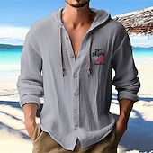 preiswerte Urlaub-Herren Weißes Baumwollhemd Freizeithemd Knopfhemd Baumwollhemd Muster Urlaub Straße Schwarz Weiß Blau Khaki Langarm Mit Kapuze Frühling &amp; Sommer Bekleidung Button-Down