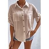 Women's Shirt Cotton Linen Shirts Button Up Blouse Plain Basic Casual Short Sleeve Shirt Collar Regular Tops Holiday Going out Buttons Pocket Black White Navy Blue Khaki Gray Summer cheap Shirts-Women's Shirt Cotton Linen Shirts Button Up Blouse Plain Basic Casual Short Sleeve Shirt Collar Regular Tops Holiday Going out Buttons Pocket Black White Navy Blue Khaki Gray Summer