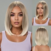 baratos Perucas Sintéticas sem Touca-Perucas sintéticas Liso Reta natural Parte do meio Com Franjas Fabrico à Máquina Peruca 14 polegadas A1 Cabelo Sintético Mulheres Repartida ao Meio Clássico Confortável Loiro