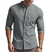 economico Casual da lavoro-Per uomo Camicia in cotone e lino Semplice Vacanza Nero Bianco Cachi Grigio scuro Manica Lunga Colletto alla coreana Abbigliamento