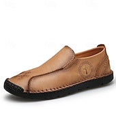 cheap Men&#039;s Slip-ons &amp; Loafers-Men&#039;s Beige Genuine Faux Leather Moccasins – Handmade Stitching Casual Slip-On Driving Shoes for Outdoor &amp; Trave