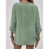 preiswerte Hemden-Damen Hemd Baumwoll-Leinen-Hemden Knopfleiste Bluse Einfach Basic Modern Langarm V Ausschnitt Normale Oberteile Täglich Ferien Knöpfe Rosa Blau Purpur Grün Khaki Sommer