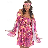 billiga Outfits-Retro / vintage 60-talet Hippie Klänningar 70-talskläder för kvinnor 70-talskläder Hippie Geometrisk Dam Halloween Karnival Maskerad Fest musikfestival Prideparad Vuxna Klänning Ärmar Pannband