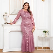 cheap Plus Size Dresses-Mermaid / Trumpet Evening Gown Sparkle Dress Formal Floor Length Long Sleeve Crew Neck Champagne Mother Of the Bride Dress Tulle with Embroidery 2025
