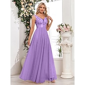 preiswerte Abendkleider-A-Linie Abendkleid Elegant Kleid Abendgesellschaft Abschlussball Bodenlang Ärmellos V Ausschnitt Gürtel / Schärpe Tüll V-Ausschnitt mit Glitzer Stickerei 2025