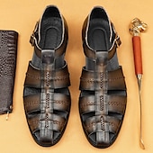 cheap Premium Leather Sandals-Premium Leather Fisherman Sandals with Buckle Detail - Stylish Choice for Outdoor Activities and Social Gatherings