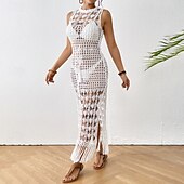 baratos Swimdresses-Mulheres Roupa de Banho Cobertura roupa de banho Com Corte Franja Roupa de Praia Verão Tecido Decote Redondo Sem Manga Fatos de banho