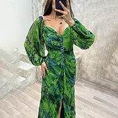 abordables Robes fleuries élégantes-Femme robe longue robe soirée Robe froncée Mode Soirée Standard Fleur manche longue Col V Jaune Vin Bleu Vert Eté