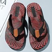 cheap Vacation Sandals-Men&#039;s Fashion Flip-Flops - Red and Black Geometric Pattern with Leather Accents - Casual Beachwear