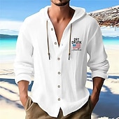 preiswerte Urlaub-Herren Weißes Baumwollhemd Freizeithemd Knopfhemd Baumwollhemd Muster Urlaub Straße Schwarz Weiß Blau Khaki Langarm Mit Kapuze Frühling &amp; Sommer Bekleidung Button-Down