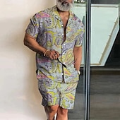abordables Conjuntos de camisas estampadas para hombre-Hombre Estampado 2 piezas Conjuntos de camisas Tops de verano Manga Corta Pantalones cortos Collar Cubano Vacaciones Casual / Diario Fiesta Casual Diario Impresión 3D Verano Gris