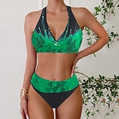 cheap Leopard Swimwear-Women&#039;s Plus Size Swimwear Bikini Tankini 2 Piece Cheeky Swimsuit Deep V Push Up Knitted Stylish Beach Wear Leopard Color Block Plunge Sleeveless Bathing Suits