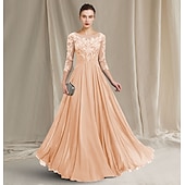 olcso Padlóhossz-A-vonalú Kölcsönanyai Ruha Elegáns Ékszer Nyak Padló Hosszú Chiffon Csipke 3/4 Hosszú Ujjú Ráncokkal Appliques