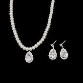 abordables Parures de Bijoux-Boucles d&#039;oreilles en forme de goutte d&#039;eau plaqué argent avec collier en perles