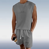 olcso Férfi Basic Tees szettek-Férfi Gofri ing Atléta Póló öltönyök Teniszing Rövid ujjú Henley Nyár Tömör szín Testedző Alkalmi 2 db Vakáció Szabadság Hétköznapi viselet Fekete Fehér Szürke Férfi felső póló