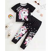baratos Desenho animado 3D da menina-Para Meninas 3D Unicórnio Conjuntos de pijama Conjuntos de pijama com camiseta e calça Manga Curta Impressão 3D Verão Primavera Ativo Básico Infantil 4 anos + Gola Redonda Casa Diário Normal
