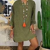 abordables Robes-Femmes Mini Robe Robes inspirées du lin Robe en coton et lin Mode Basique Classique Quotidien Sortir Week-end Coupe régulière Uni manche longue Col en V Blanche Jaune Vert Véronèse bleu marine Été