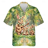 cheap Vintage Shirt-Easter Men&#039;s Bunny Plants Floral Print Shirt Cuban Collar Shirt Button Up Shirt Short Sleeve Vintage Retro Holiday Festival Summer Spring Camp Collar Shirt 3D Print Green