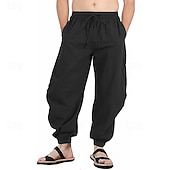 baratos Clássico-Homens Calças de linho Calças Calça verão Calças de praia Com Cordão Cintura elástica Pregas Tecido Conforto Respirável Comprimento total Casual Diário Feriado Moda Estilo Clássico Preto Branco