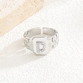 cheap Gifts-Personalized Letter Ring, Gift for Mom, Copper with Zircon Alphabet Ring, Vintage-Style Chain Design, Adjustable Open Band, Minimalist Aesthetic Jewelry for Women