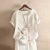 ieftine Cămăși false esențiale-Pentru femei Cămăși Bumbac In Bluză In din bumbac artificial Nasturi Imprimeu Floare Modern Casual Manșon scurt Stil Nautic Topuri obișnuite Concediu Ieșire Alb Galben Verde Militar Trifoi Vară