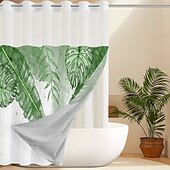 baratos Cortinas de Banho-Cortina de Chuveiro Texturizada em Malha de Waffle com Folhas com Forro Removível e Janela Transparente Repelente à Água em Poliéster Topo com Ilhós 120GSM Qualidade de Hotel Estilo Spa Divisão de