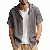 cheap Business Casual-Men&#039;s Shirt White Cotton Shirt Casual Shirt Button Up Shirt Cotton Shirt Plain Vacation Street Black White Khaki Gray Short Sleeve Hooded Summer Clothing Apparel Button-Down