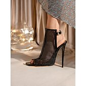cheap Dress Sandals-Women&#039;s Black Mesh Peep-Toe Stiletto Sandals – Sexy High Heel Party Shoes with Ankle Strap