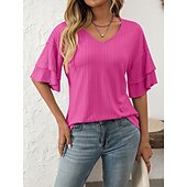 cheap Plain tee-Women&#039;s T Shirt Plain Fashion Modern Short Sleeve V Neck Regular Tops Daily Ruffle Black White Wine Sky Blue Fuchsia Summer