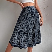 billige Grafiske skjørt-Dame الالتفاف A-linje Fritid Knelang Mellomhøyt liv Skjørt Blomstret Trykt mønster Mikroelastisk Feriereise Gate Svart Gul Blå Oransje Sommer Polyester