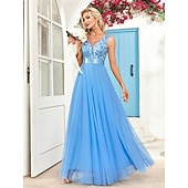 preiswerte Abendkleider-A-Linie Abendkleid Elegant Kleid Abendgesellschaft Abschlussball Bodenlang Ärmellos V Ausschnitt Gürtel / Schärpe Tüll V-Ausschnitt mit Glitzer Stickerei 2025