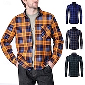 cheap Men&#039;s Button Up Shirts-Men&#039;s Shirt Casual Shirt Beach Shirt Fleece Shirt Button Up Shirt Red Royal Blue Blue Orange Green Long Sleeve Plaid Lapel Vacation Hawaiian Pocket Clothing Apparel Polyester Fashion Casual