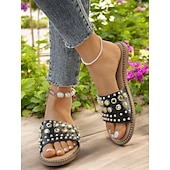 abordables Sandales de Vacances-Sandales à enfiler noires cloutées pour femmes – sandales plates tendance à rivets dorés pour l&#039;été, la plage et les sorties décontractées