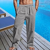 abordables Día festivo-Hombre Pantalones de lino Pantalones Pantalones de verano Pantalones de playa Correa Bolsillo Cintura elástica Plano Comodidad Transpirable Diario Playa Vacaciones Hawaiano Boho Blanco Caqui
