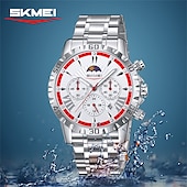 お買い得  クォーツ腕時計-SKMEI メンズ サン ムーン スター スチールベルト 時計 多機能 三眼 六針 タイミング ナイトライト ポインター 時計