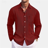 voordelige heren overhemd met knopen-Voor heren Overhemd Zomer overhemd Normaal shirt Strand hemd Overhemd met knopen Zwart Wit Rood Donker Marine Hemelsblauw Lange mouw Effen Revers Vakantie Hawaii Zak Kleding Polyester Modieus Casual